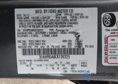2012 Ford Fusion Sel from USA, damaged, VIN 3FAHP0JA8CR120225